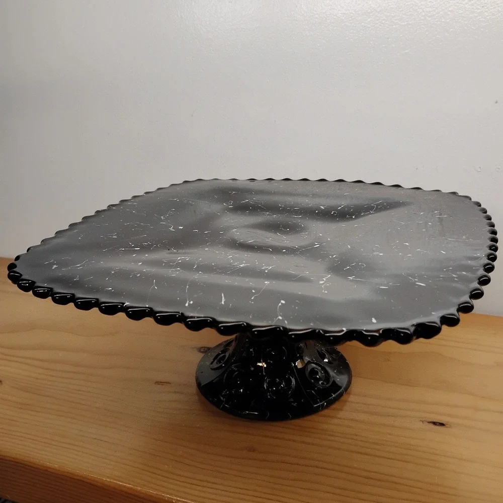 Vintage L E Smith Black Amethyst Glass Square Cake Stand Pedestal‎ White Drizzle